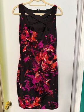 Signature by Sangria Black Sheath Dress with Pink & Red Floral Print